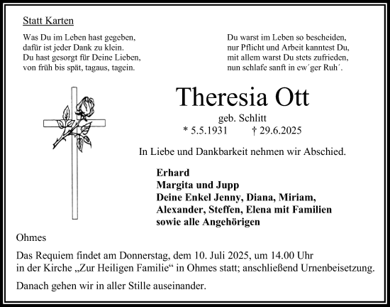 Traueranzeige von Theresia Ott von Oberhessische Zeitung