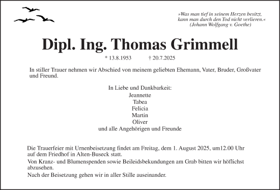 Traueranzeige von Thomas Grimmell von Giessener Allgemeine, Alsfelder Allgemeine, Giessener Anzeiger