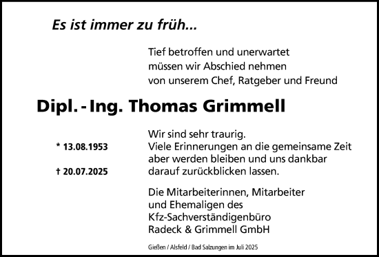 Traueranzeige von Thomas Grimmell von Giessener Allgemeine, Alsfelder Allgemeine