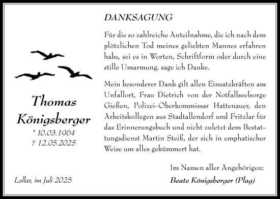 Traueranzeige von Thomas Königsberger von Giessener Allgemeine, Alsfelder Allgemeine, Giessener Anzeiger