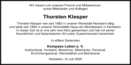 Traueranzeige von Thorsten Klesper von Lauterbacher Anzeiger