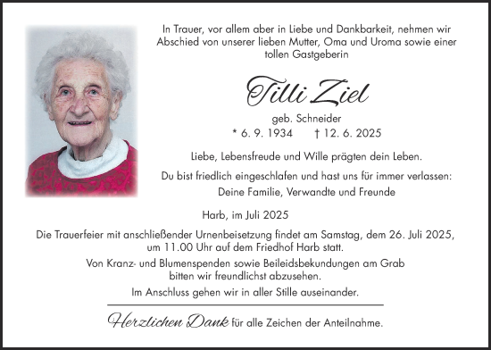 Traueranzeige von Tilli Ziel von Kreis-Anzeiger