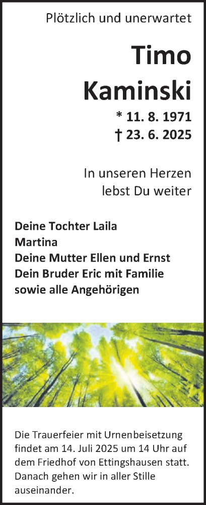 Traueranzeige von Timo Kaminski von Licher Wochenblatt