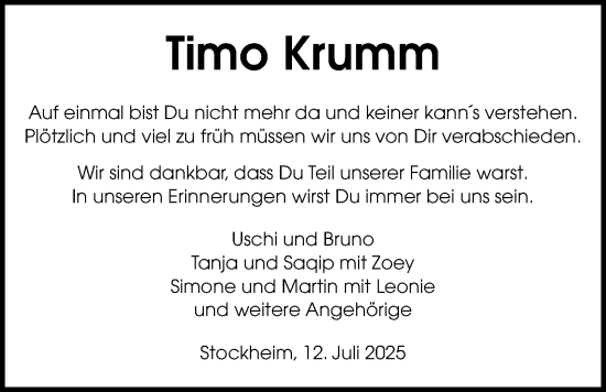 Traueranzeige von Timo Krumm von Kreis-Anzeiger