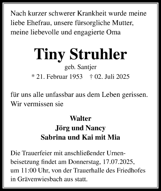 Traueranzeige von Tiny Struhler von Usinger Anzeiger, Usinger Anzeigenblatt