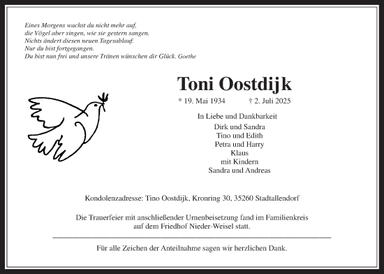 Traueranzeige von Toni Oostdijk von Butzbacher Zeitung