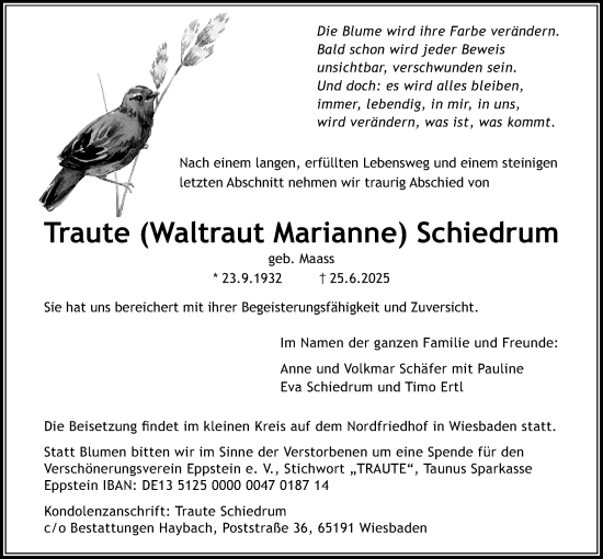 Traueranzeige von Traute Schiedrum von Wetterauer Zeitung
