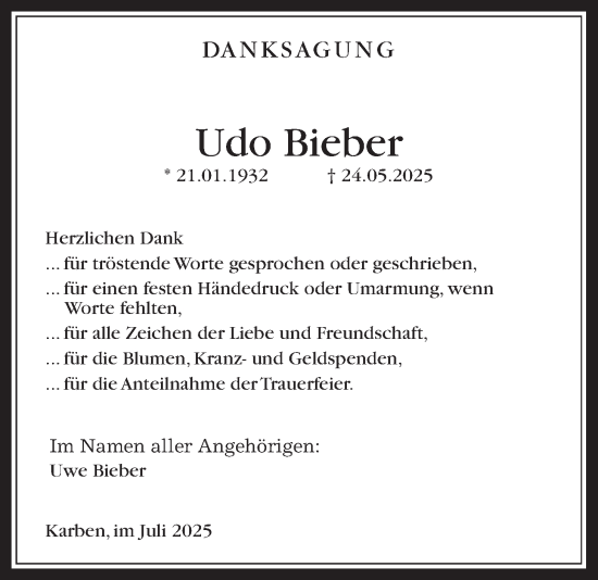 Traueranzeige von Udo Bieber von Bad Vilbel/Karben, Wetterauer Zeitung