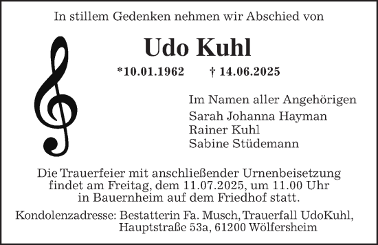 Traueranzeige von Udo Kuhl von Wetterauer Zeitung