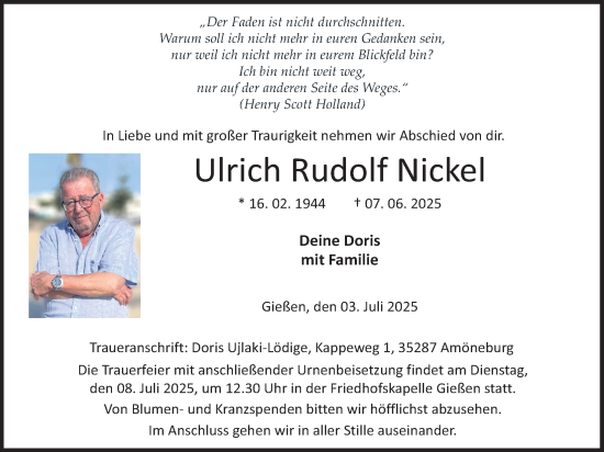 Traueranzeige von Ulrich Nickel von Giessener Allgemeine, Alsfelder Allgemeine