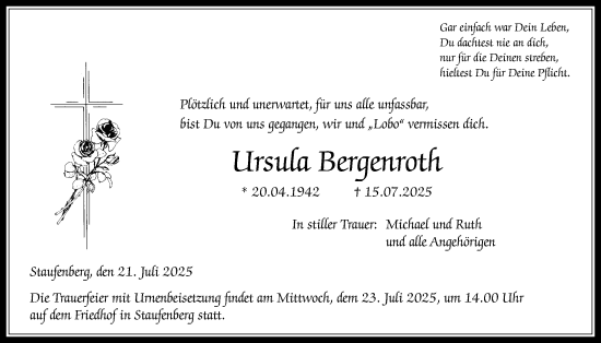 Traueranzeige von Ursula Bergenroth von Giessener Anzeiger, Giessener Allgemeine, Alsfelder Allgemeine