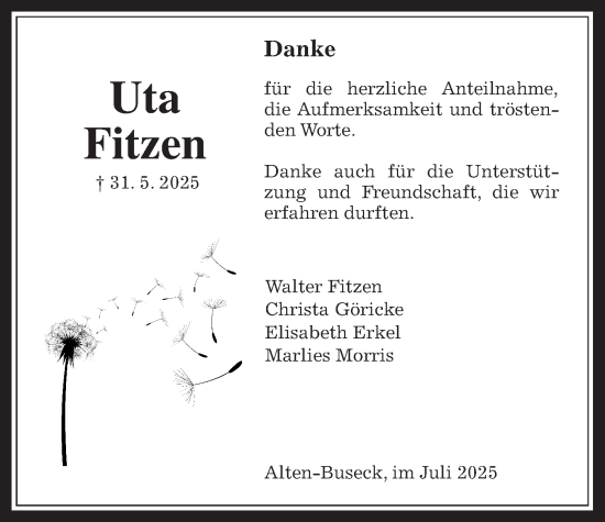 Traueranzeige von Uta Fitzen von Giessener Allgemeine, Alsfelder Allgemeine, Giessener Anzeiger