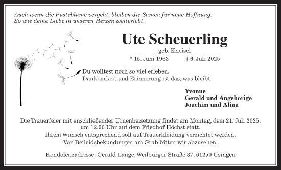 Traueranzeige von Ute Scheuerling von Usinger Anzeigenblatt