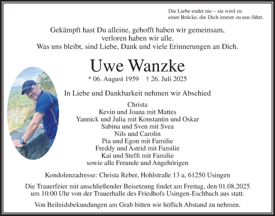 Traueranzeige von Uwe Wanzke von Usinger Anzeiger