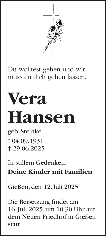 Traueranzeige von Vera Hansen von Giessener Allgemeine, Alsfelder Allgemeine