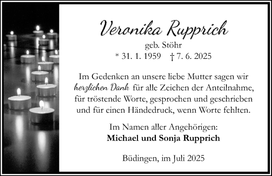 Traueranzeige von Veranita Kupprich von Kreis-Anzeiger