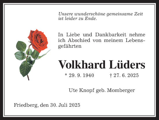 Traueranzeige von Volkhard Lüders von Wetterauer Zeitung