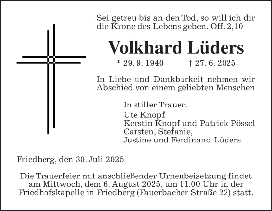 Traueranzeige von Volkhard Lüders von Wetterauer Zeitung