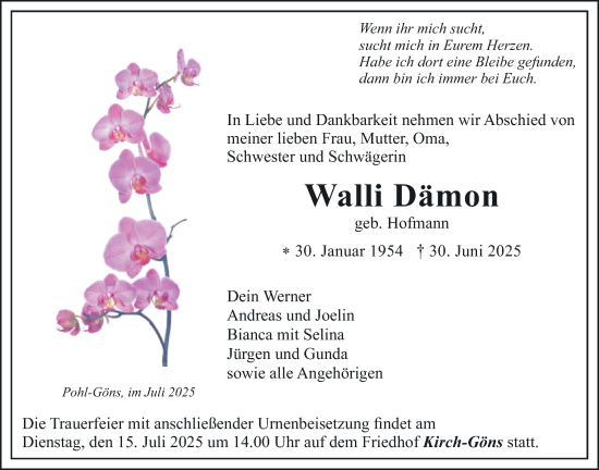 Traueranzeige von Walli Dämon von Butzbacher Zeitung