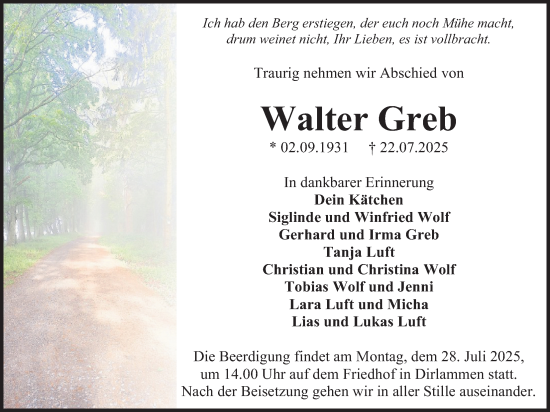 Traueranzeige von Walter Greb von Lauterbacher Anzeiger