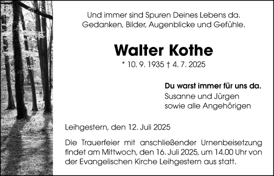 Traueranzeige von Walter Kothe von Giessener Allgemeine, Alsfelder Allgemeine