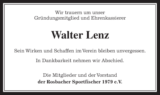 Traueranzeige von Walter Lenz von Wetterauer Zeitung