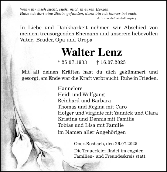 Traueranzeige von Walter Lenz von Wetterauer Zeitung