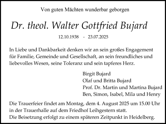 Traueranzeige von Walter Gottfried Bujard von Giessener Anzeiger