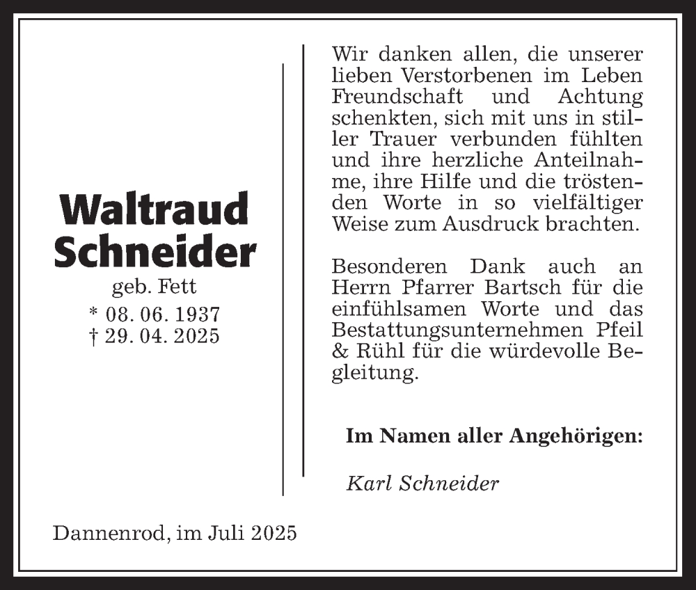  Traueranzeige für Waltraud Schneider vom 19.07.2025 aus Oberhessische Zeitung, Alsfelder Allgemeine