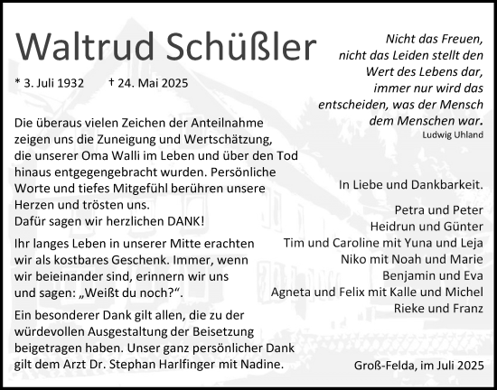 Traueranzeige von Waltraud Schüßler von Oberhessische Zeitung