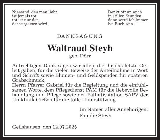 Traueranzeige von Waltraud Steyh von Giessener Allgemeine, Alsfelder Allgemeine, Giessener Anzeiger