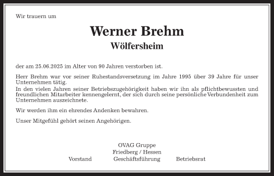 Traueranzeige von Werner Brehm von Wetterauer Zeitung