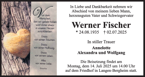 Traueranzeige von Werner Fischer von Kreis-Anzeiger
