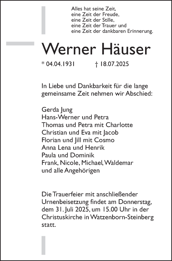 Traueranzeige von Werner Häuser von Giessener Allgemeine, Alsfelder Allgemeine, Giessener Anzeiger