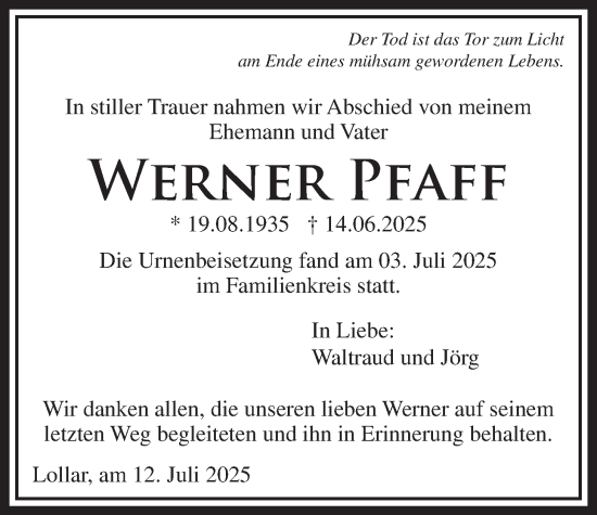 Traueranzeige von Werner Pfaff von Giessener Allgemeine, Alsfelder Allgemeine