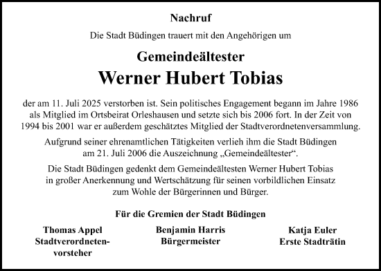 Traueranzeige von Werner Hubert Tobias von Kreis-Anzeiger