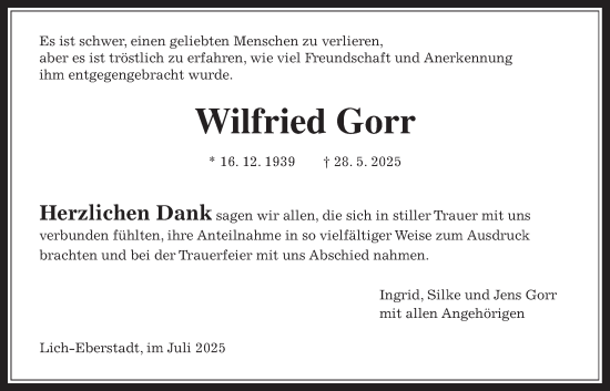 Traueranzeige von Wilfried Gorr von Giessener Allgemeine, Alsfelder Allgemeine, Butzbacher Zeitung