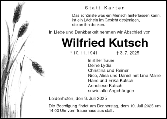 Traueranzeige von Wilfried Kutsch von Giessener Allgemeine, Alsfelder Allgemeine