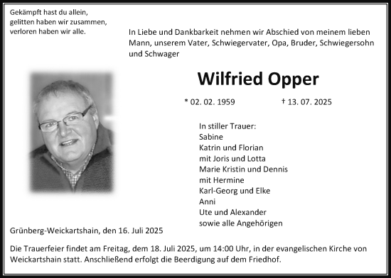 Traueranzeige von Wilfried Opper von Giessener Anzeiger, Giessener Allgemeine, Alsfelder Allgemeine