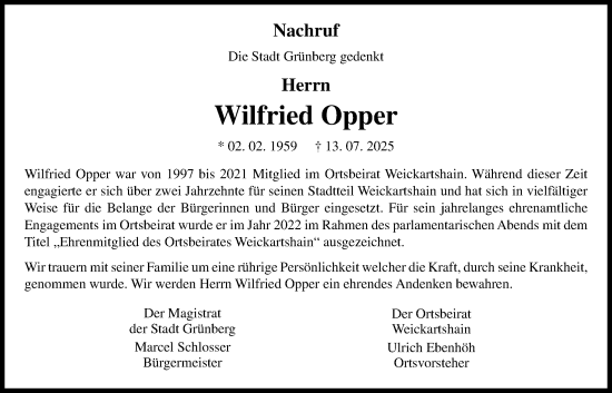 Traueranzeige von Wilfried Opper von Giessener Allgemeine, Alsfelder Allgemeine