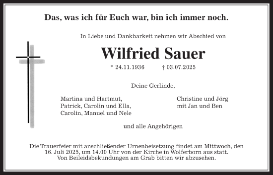 Traueranzeige von Wilfried Sauer von Kreis-Anzeiger