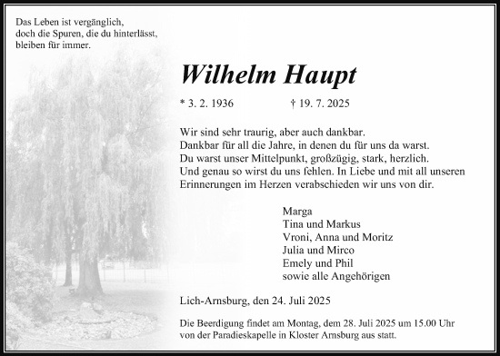 Traueranzeige von Wilhelm Haupt von Giessener Allgemeine, Alsfelder Allgemeine, Butzbacher Zeitung