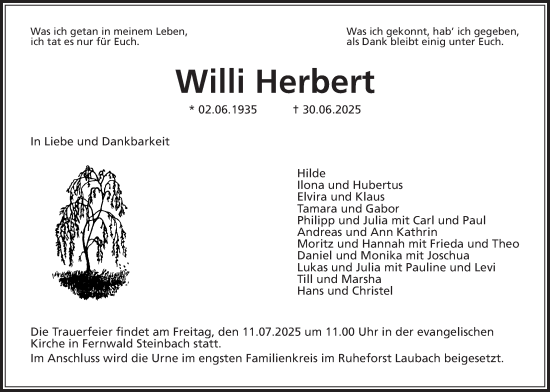 Traueranzeige von Willi Herbert von Giessener Allgemeine, Alsfelder Allgemeine