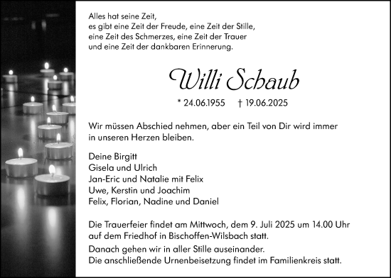 Traueranzeige von Willi Schaub von Giessener Anzeiger