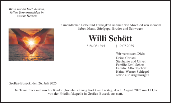 Traueranzeige von Willi Schött von Giessener Allgemeine, Alsfelder Allgemeine