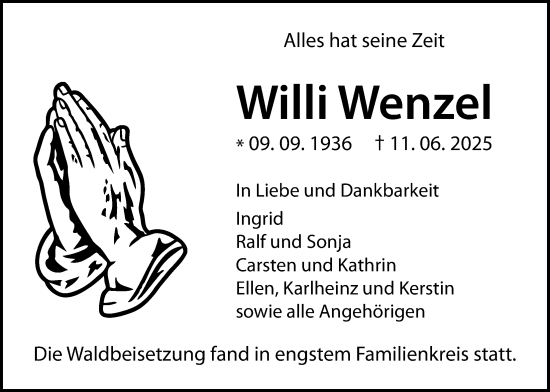 Traueranzeige von Willi Wenzel von Giessener Allgemeine, Alsfelder Allgemeine