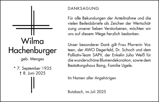 Traueranzeige von Wilma Hachenburger von Butzbacher Zeitung