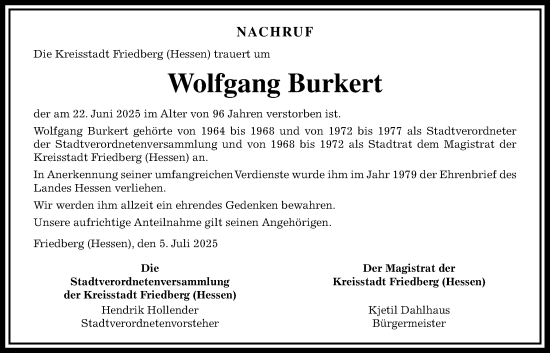 Traueranzeige von Wolfgang Burkert von Wetterauer Zeitung