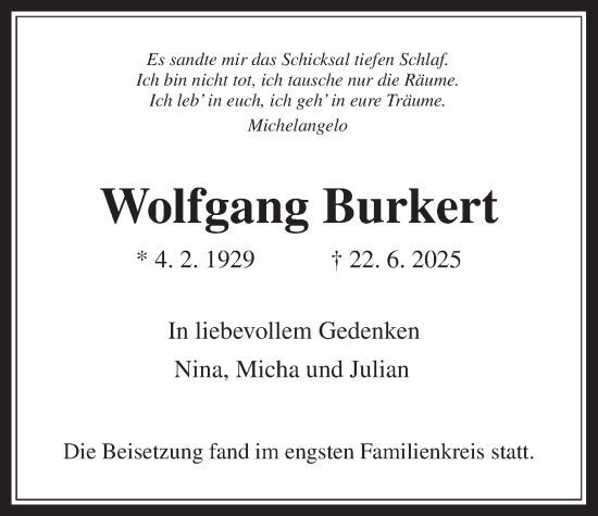 Traueranzeige von Wolfgang Burkert von Wetterauer Zeitung