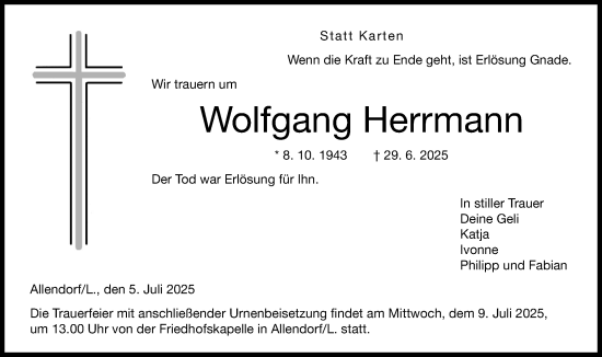 Traueranzeige von Wolfgang Herrmann von Giessener Allgemeine, Alsfelder Allgemeine, Giessener Anzeiger